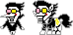 Size: 296x144 | Tagged: safe, artist:creepa-bot inc., derpibooru import, ponified, earth pony, pony, black hair, deltarune, glasses, image, pixel art, png, puppet, smiling, solo, spamton, style emulation