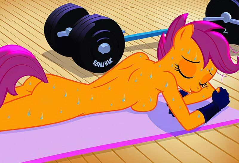 Size: 1216x832 | Tagged: questionable, ai content, machine learning generated, stable diffusion, scootaloo, anthro, pegasus, busty scootaloo, exhibitionism, eyes closed, gym, image, jpeg, lying down, lying on stomach, nudity, pinup, seductive pose, sexy, sideboob, sleeping, solo, sweating profusely, tired, weights, workout gloves, yoga mat