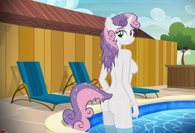 Size: 1216x832 | Tagged: questionable, ai content, machine learning generated, stable diffusion, sweetie belle, anthro, unicorn, backyard, busty sweetie belle, exhibitionism, flirty, image, inviting, jpeg, lawn chair, looking back at you, nudity, pinup, poolside, seductive pose, sexy, sideboob, skinny dipping, smiling, solo, standing, sunbathing, swimming pool, wet body, wet mane, wooden fence