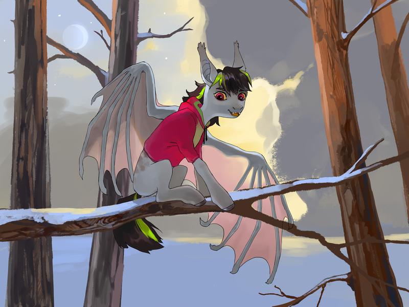 Size: 3814x2861 | Tagged: safe, artist:sivelu, derpibooru import, oc, unofficial characters only, bat pony, pony, clothes, ear fluff, fangs, hoodie, image, in a tree, jpeg, sitting, snow, solo, spread wings, tree, tree branch, wings