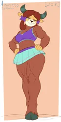 Size: 2250x4500 | Tagged: safe, artist:azuretto, derpibooru import, yona, anthro, unguligrade anthro, yak, abs, cheerleader, cheerleader outfit, clothes, female, grin, hand on hip, high res, image, muscles, muscular female, png, smiling, solo, wip