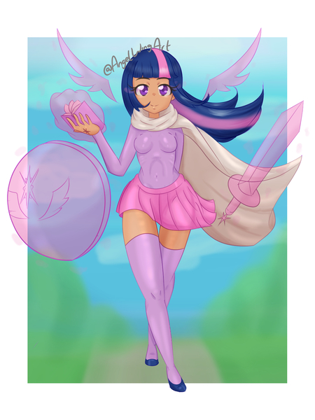 Size: 1200x1600 | Tagged: suggestive, artist:angelwingart, derpibooru import, twilight sparkle, human, 2022, book, cloak, clothes, female, floating wings, glowing hands, humanized, image, jpeg, looking at you, magic, outdoors, shield, signature, skirt, smiling, socks, solo, solo female, stockings, sword, telekinesis, thigh highs, walking towards you, weapon, wings