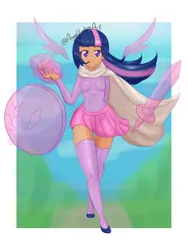 Size: 1200x1600 | Tagged: suggestive, artist:angelwingart, derpibooru import, twilight sparkle, human, 2022, book, cloak, clothes, female, floating wings, glowing hands, humanized, image, jpeg, looking at you, magic, outdoors, shield, signature, skirt, smiling, socks, solo, solo female, stockings, sword, telekinesis, thigh highs, walking towards you, weapon, wings