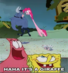 Size: 1280x1366 | Tagged: safe, derpibooru import, edit, edited screencap, screencap, iron will, pinkie pie, earth pony, minotaur, pony, starfish, putting your hoof down, female, g4, image, it's a giraffe, jpeg, male, meme, nickelodeon, patrick star, reference, sponge, spongebob reference, spongebob squarepants, spongebob squarepants (character)