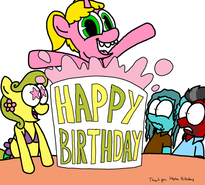 Size: 3351x3023 | Tagged: safe, artist:professorventurer, derpibooru import, oc, oc:bikini breeze, oc:claire annette, oc:mr. hooves, oc:pattycake, 25th anniversary, birthday cake, cake, food, grossed out, image, in memoriam, mr. krabs, png, popping out of a cake, special thanks, spongebob squarepants