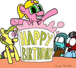 Size: 3351x3023 | Tagged: safe, artist:professorventurer, derpibooru import, oc, oc:bikini breeze, oc:claire annette, oc:mr. hooves, oc:pattycake, 25th anniversary, birthday cake, cake, food, grossed out, image, in memoriam, mr. krabs, png, popping out of a cake, special thanks, spongebob squarepants