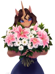 Size: 1400x1883 | Tagged: safe, artist:sparkling_light, derpibooru import, oc, anthro, unicorn, bouquet of flowers, clothes, dress, female, flower, horn, image, png, solo