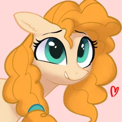 Size: 1000x1000 | Tagged: safe, artist:redruin01, derpibooru import, pear butter, earth pony, pony, bust, female, floating heart, g4, heart, image, mare, pink background, png, simple background, solo