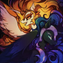 Size: 1600x1600 | Tagged: safe, artist:tkotu1, artist:tkotu434, derpibooru import, daybreaker, nightmare moon, alicorn, pony, duo, duo female, fangs, female, g4, horn, image, jpeg, looking at you, mare, open mouth, partially open wings, siblings, sisters, slit pupils, smiling, smiling at you, spread wings, wings