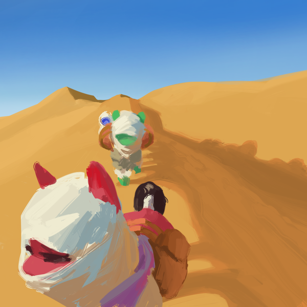 Size: 1000x1000 | Tagged: safe, artist:redruin01, derpibooru import, oc, unofficial characters only, earth pony, pony, bag, desert, duo, headdress, image, png, saddle bag, scenery