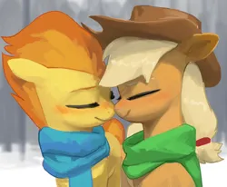 Size: 2424x2000 | Tagged: safe, artist:redruin01, derpibooru import, applejack, spitfire, earth pony, pegasus, pony, applejack's hat, blushing, clothes, cowboy hat, duo, female, hat, image, lesbian, nose to nose, png, scarf, ship:applefire, shipping, snow, winter