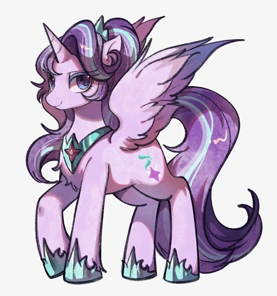 Size: 1368x1461 | Tagged: safe, artist:tkotu434, derpibooru import, starlight glimmer, alicorn, pony, alicornified, crown, female, g4, hoof shoes, horn, image, jewelry, jpeg, looking at you, mare, peytral, princess shoes, race swap, raised hoof, regalia, smiling, smiling at you, solo, spread wings, starlicorn, wings, xk-class end-of-the-world scenario