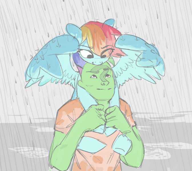 Size: 2000x1782 | Tagged: safe, artist:redruin01, derpibooru import, rainbow dash, oc, oc:anon, human, pegasus, pony, duo, female, g4, image, mare, piggyback ride, png, rain, wing shelter, wings