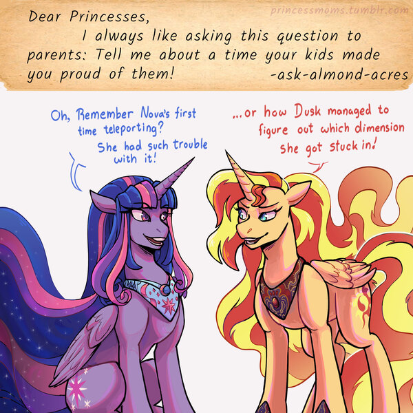 Size: 2166x2166 | Tagged: safe, artist:overlordneon, derpibooru import, sunset shimmer, twilight sparkle, twilight sparkle (alicorn), alicorn, pony, alicornified, ask, dialogue, duo, duo female, ethereal mane, female, floppy ears, g4, image, jpeg, lesbian, mare, peytral, race swap, shimmercorn, shipping, simple background, starry mane, sunsetsparkle, text, tumblr, ultimate twilight, white background