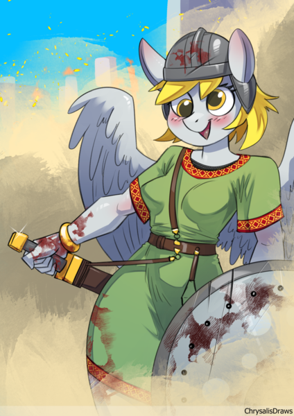 Size: 848x1200 | Tagged: semi-grimdark, artist:chrysalisdraws, derpibooru import, derpy hooves, anthro, pegasus, armor, blood, breasts, busty derpy hooves, cross-eyed, female, goth, helmet, image, open mouth, png, pun, shield, smiling, solo, spread wings, sword, visigoths, visual pun, weapon, wide hips, wings