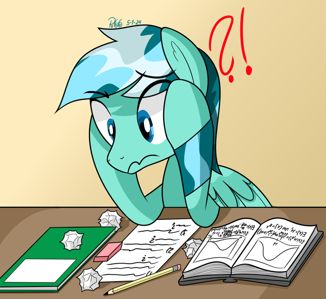 Size: 2000x1833 | Tagged: safe, artist:notadeliciouspotato, derpibooru import, oc, oc:wavewind, unofficial characters only, pegasus, pony, book, confused, exclamation point, g4, gradient background, image, interrobang, male, notebook, pencil, png, question mark, signature, solo, stallion, table