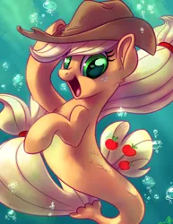 Size: 2550x3300 | Tagged: safe, artist:whitediamonds, derpibooru import, applejack, earth pony, seapony (g4), applejack's hat, bubble, commission, cowboy hat, cute, freckles, g4, hat, high res, image, jackabetes, looking at you, open mouth, open smile, png, seaponified, seapony applejack, signature, smiling, smiling at you, solo, species swap, underwater, water