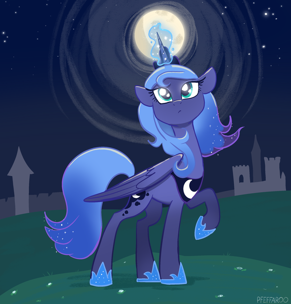 Size: 2254x2352 | Tagged: safe, artist:pfeffaroo, derpibooru import, princess luna, alicorn, pony, female, folded wings, full moon, g4, glow, glowing horn, high res, hoof shoes, horn, image, magic, magic aura, mare, moon, night, night sky, outdoors, peytral, png, princess shoes, raised hoof, s1 luna, sky, solo, wings