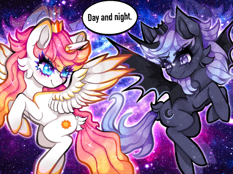 Size: 960x719 | Tagged: safe, artist:natures_love, derpibooru import, alicorn, pony, blue eyes, duo, female, galaxy, image, mare, png