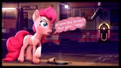 Size: 3840x2160 | Tagged: safe, artist:monarchy01, derpibooru import, pinkie pie, earth pony, pony, 3d, coffee, cross-popping veins, dialogue, drink, emanata, image, jukebox, microphone, png, solo, speech bubble, spill, spilled drink, unshorn fetlocks