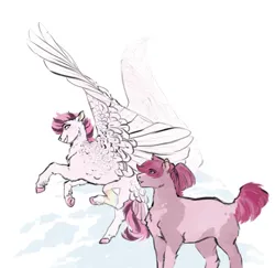 Size: 1581x1535 | Tagged: safe, artist:penrosa, derpibooru import, oc, unofficial characters only, pegasus, pony, chest fluff, duo, eye clipping through hair, eyebrows, eyebrows visible through hair, female, flying, image, mare, png, spread wings, unshorn fetlocks, wings