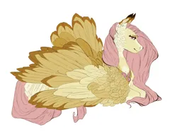 Size: 1249x931 | Tagged: safe, artist:penrosa, derpibooru import, fluttershy, pegasus, pony, alternate design, female, g4, image, lying down, mare, peytral, png, prone, simple background, solo, white background