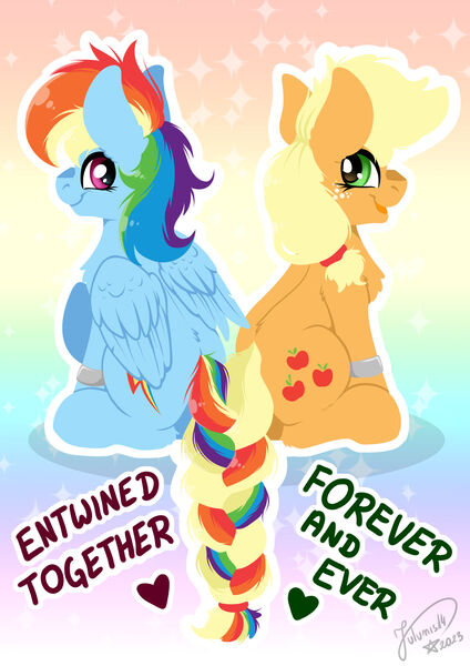 Size: 1920x2716 | Tagged: safe, artist:julunis14, derpibooru import, applejack, rainbow dash, earth pony, pegasus, pony, applebutt, appledash, back to back, braid, braided tail, butt, cute, dashabetes, duo, duo female, female, g4, gradient background, heart, image, intertwined tails, jackabetes, jpeg, lesbian, looking at each other, looking at someone, looking back, mare, married couple, no outlines, open mouth, open smile, plot, rainbow background, rainbutt dash, shipping, signature, sitting, smiling, sparkly background, tail, text, wedding band