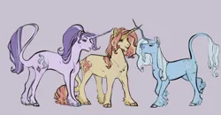 Size: 1920x997 | Tagged: safe, artist:penrosa, derpibooru import, starlight glimmer, sunset shimmer, trixie, classical unicorn, pony, unicorn, chest fluff, cloven hooves, curved horn, facial hair, female, g4, goatee, horn, image, leonine tail, mare, png, simple background, trio, unshorn fetlocks