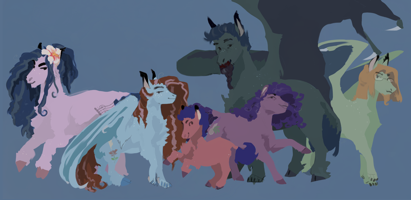 Size: 5443x2644 | Tagged: safe, artist:penrosa, derpibooru import, oc, oc:calla lily melody, oc:midsummer chaos, oc:pen rose, oc:pickled peyote, oc:star larkspur, oc:thornbriar, unofficial characters only, bat pony, earth pony, pony, beard, blue background, chest fluff, cloven hooves, facial hair, family, female, image, lineless, male, mare, png, simple background, spread wings, stallion, unshorn fetlocks, wings