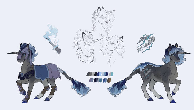 Size: 1184x675 | Tagged: safe, artist:penrosa, derpibooru import, oc, oc:nebulous night, unofficial characters only, pony, unicorn, armor, commission, female, helmet, horn, image, jpeg, magic, mare, peytral, reference sheet, simple background, solo