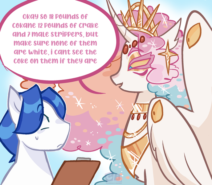 Size: 2048x1786 | Tagged: safe, artist:clarissasbakery, derpibooru import, princess celestia, alicorn, earth pony, pony, alternate design, clipboard, colored sclera, crown, dialogue, duo, duo male and female, eye clipping through hair, eyes do not belong there, female, image, implied drug use, jewelry, male, mare, master chief and luna hanging out, meme, multiple eyes, png, regalia, speech bubble, wing eyes, yellow sclera
