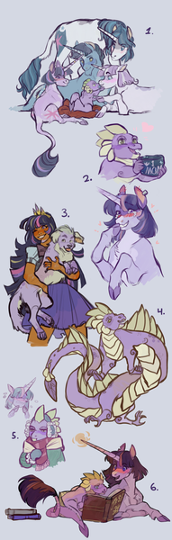 Size: 1099x3449 | Tagged: safe, artist:penrosa, derpibooru import, night light, shining armor, spike, spike the regular dog, twilight sparkle, twilight velvet, dog, dragon, human, pony, unicorn, equestria girls, alternate design, blushing, book, carrying, chest fluff, clothes, cloven hooves, ear piercing, earmuffs, earring, family, female, g4, horn, horn ring, image, jewelry, leonine tail, lying down, mare, mittens, older, older spike, piercing, png, prone, reading, regalia, ring, scarf, spike the dog, tail, unicorn twilight, unshorn fetlocks, winter outfit