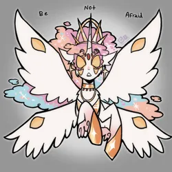 Size: 2048x2048 | Tagged: safe, artist:clarissasbakery, derpibooru import, princess celestia, alicorn, pony, alternate design, angel, be not afraid, biblically accurate angels, blank eyes, colored sclera, crown, eyes do not belong there, female, gradient background, image, jewelry, looking at you, mare, multiple eyes, multiple wings, png, regalia, solo, spread wings, talking to viewer, wing eyes, wings, yellow sclera