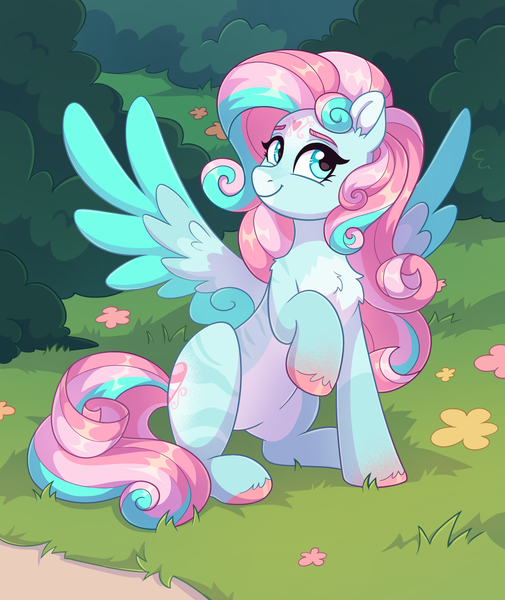 Size: 2086x2480 | Tagged: safe, artist:skysorbett, derpibooru import, oc, unofficial characters only, pegasus, pony, bush, coat markings, commission, female, flower, grass, image, looking at you, mare, pegasus oc, png, raised hoof, sitting, smiling, solo, spread wings, wings