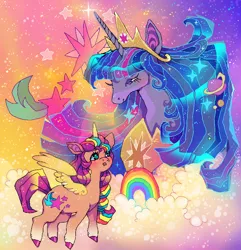 Size: 962x1000 | Tagged: safe, artist:njeekyo, derpibooru import, princess twilight 2.0, sunny starscout, twilight sparkle, twilight sparkle (alicorn), alicorn, earth pony, pony, g5, my little pony: a new generation, the last problem, blushing, duo, duo male and female, female, image, looking up, male, mare, older, older twilight, older twilight sparkle (alicorn), png, race swap, rainbow, sunny and her heroine, sunnycorn