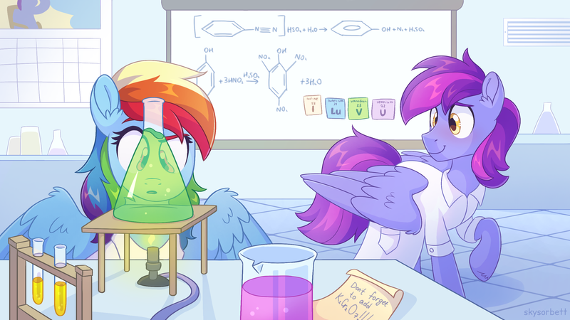 Size: 2560x1440 | Tagged: safe, artist:skysorbett, derpibooru import, rainbow dash, oc, oc:sea wave, pegasus, pony, chemistry, clothes, duo, duo male and female, female, flask, formula, g4, image, indoors, lab coat, laboratory, looking at someone, male, mare, open mouth, partially open wings, pegasus oc, png, raised hoof, science, stallion, table, test tube, wings