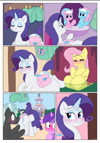 Size: 1040x1478 | Tagged: safe, derpibooru import, aloe, amethyst star, bon bon, fluttershy, lotus blossom, lyra heartstrings, rarity, sweetie drops, thunderlane, earth pony, pegasus, pony, unicorn, bag, belly, big belly, blushing, carousel boutique, comic, eyes closed, fetish, flutterprey, horn, huge belly, image, internal, png, ponyville spa, raripred, saddle bag, smiling, sweat, sweatdrop, vore, waving, willing vore