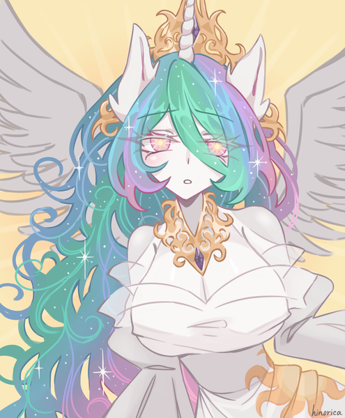 Size: 3300x4000 | Tagged: safe, artist:hinorica, derpibooru import, princess celestia, alicorn, anthro, pony, bare shoulders, big breasts, breasts, busty princess celestia, cleavage, clothes, cutie mark eyes, dress, eye clipping through hair, eyebrows, eyebrows visible through hair, female, g4, high res, huge breasts, image, looking at you, mare, png, simple background, solo, spread wings, wingding eyes, wings, yellow background