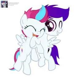 Size: 3600x3600 | Tagged: safe, artist:ramixe dash, derpibooru import, zipp storm, oc, oc:ramixe dash, pegasus, pony, g5, base used, female, flying, g4, g5 to g4, generation leap, hug, image, male, mare, png, signature, simple background, stallion, transparent background, watermark