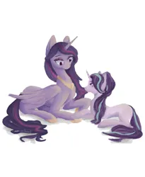 Size: 1089x1330 | Tagged: safe, artist:mikonekogilaw, derpibooru import, starlight glimmer, twilight sparkle, twilight sparkle (alicorn), alicorn, earth pony, pony, unicorn, female, g4, height difference, horn, image, jpeg, looking at each other, looking at someone, lying down, mare, missing cutie mark, prone, simple background, white background