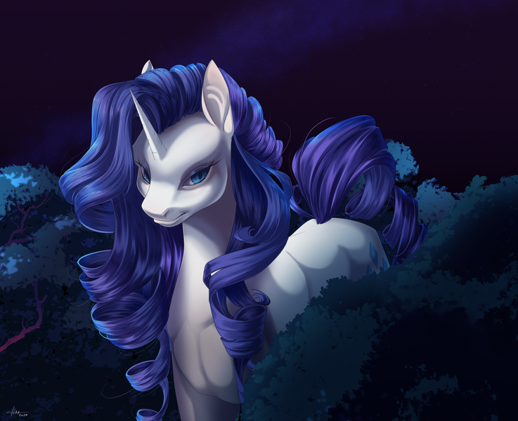Size: 2127x1732 | Tagged: safe, artist:chayfurry, derpibooru import, rarity, pony, unicorn, blue eyes, blue mane, blue tail, cloud, curly mane, curly tail, digital art, eyelashes, female, forest, g4, high res, horn, image, lidded eyes, looking at you, mare, moonlight, nature, night, png, signature, sky, smiling, smiling at you, solo, stars, tail, tree, walking
