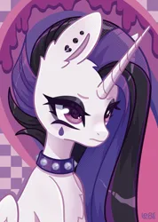 Size: 1795x2528 | Tagged: safe, artist:lenori, derpibooru import, princess celestia, alicorn, pony, between dark and dawn, collar, digital art, ear piercing, earring, emo, g4, halftone, image, jewelry, makeup, piercing, png, solo