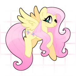 Size: 1400x1400 | Tagged: safe, artist:vivian reed, derpibooru import, fluttershy, pegasus, pony, cute, female, flying, grid, image, jpeg, mare, one eye closed, shyabetes, simple background, smiling, solo, white background, wink