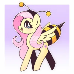 Size: 1750x1750 | Tagged: safe, artist:vivian reed, derpibooru import, fluttershy, pegasus, pony, animal costume, bee costume, blushing, border, clothes, costume, cute, female, flutterbee, gradient background, halftone effect, heart, heart eyes, image, jpeg, mare, open mouth, open smile, outline, shyabetes, smiling, solo, white outline, wingding eyes