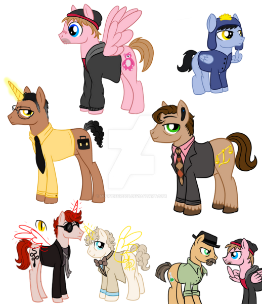 Size: 830x962 | Tagged: safe, artist:moondeer1616, derpibooru import, ponified, earth pony, pegasus, pony, unicorn, aziraphale, blank flank, breaking bad, clothes, craig tucker, crossover, crowley, cutie mark, deviantart watermark, glow, glowing horn, good omens, gus fring, horn, image, jesse pinkman, male, obtrusive watermark, png, saul goodman, simple background, south park, transparent background, walter white, watermark