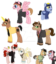 Size: 830x962 | Tagged: safe, artist:moondeer1616, derpibooru import, ponified, earth pony, pegasus, pony, unicorn, aziraphale, blank flank, breaking bad, clothes, craig tucker, crossover, crowley, cutie mark, deviantart watermark, glow, glowing horn, good omens, gus fring, horn, image, jesse pinkman, male, obtrusive watermark, png, saul goodman, simple background, south park, transparent background, walter white, watermark