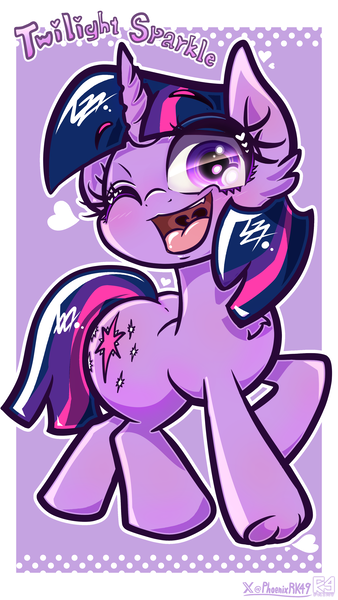 Size: 2250x4000 | Tagged: safe, artist:phoenixrk49, derpibooru import, twilight sparkle, pony, unicorn, eyebrows, eyebrows visible through hair, heart, high res, image, looking at you, name, one eye closed, open mouth, open smile, passepartout, png, purple background, signature, simple background, smiling, smiling at you, solo, unicorn twilight, wink, winking at you