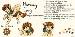 Size: 1800x900 | Tagged: safe, derpibooru import, oc, oc:morning cog, unofficial characters only, pegasus, pony, fallout equestria, bandana, bust, chest fluff, cutie mark, ear fluff, female, folded wings, image, lockpicking, mare, music box, music notes, orange mane, pegasus oc, png, purple eyes, reference sheet, solo, spread wings, wings, yellow coat