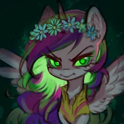 Size: 1000x1000 | Tagged: safe, artist:米米哈条, derpibooru import, princess cadance, queen chrysalis, alicorn, pony, abstract background, angry, disguise, disguised changeling, fake cadance, female, green eyes, image, jpeg, mare, obtrusive watermark, scowl, solo, watermark
