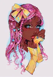 Size: 1276x1831 | Tagged: safe, artist:anniebunie, derpibooru import, fluttershy, human, arm warmers, blackwashing, bow, braid, bust, clothes, dark skin, ear piercing, earring, female, g4, hair bow, humanized, image, jewelry, jpeg, piercing, simple background, solo, white background, whore lips